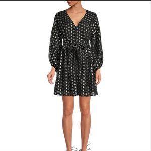 Metallic Clip Dot Print V-Neck Long Sleeve Belted Mini Dress